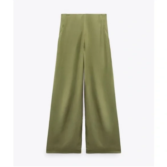 ZARA Wide Leg Green Satin Pants - Picture 7 of 11